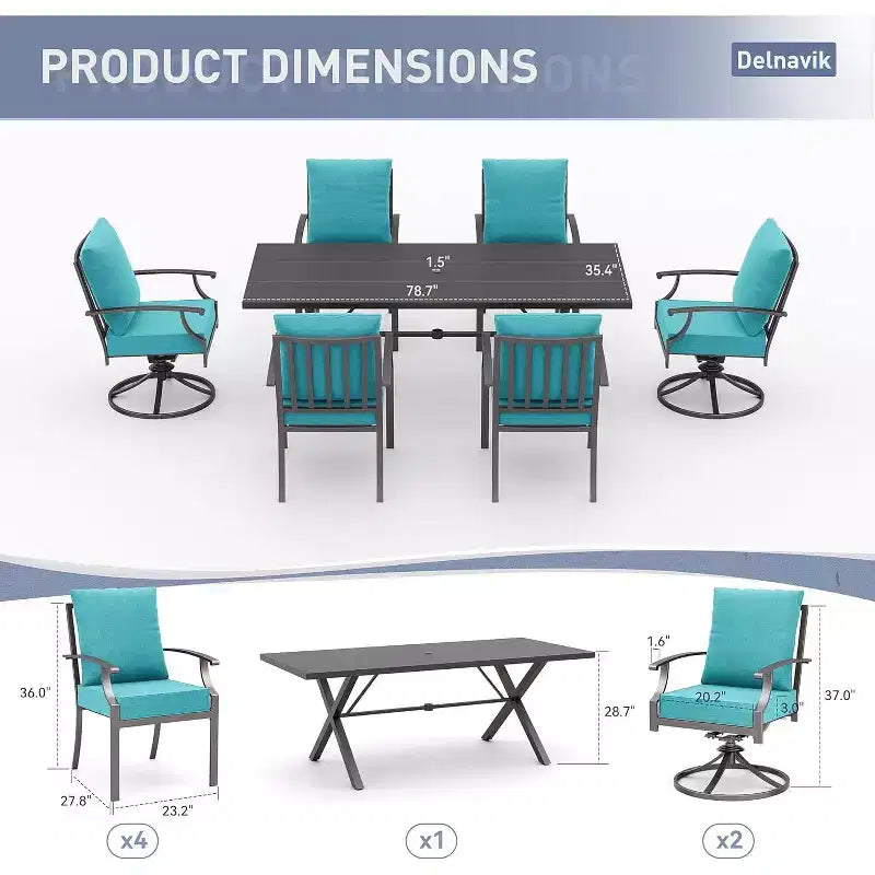 ALAULM Ensemble de Salle à Manger d'Extérieur 7 Pièces avec 2 Chaises Pivotantes et 4 Chaises Fixes, Mobilier de Jardin en Métal avec 6 Chaises et Grande Table avec Trou pour Parasol