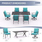 ALAULM Ensemble de Salle à Manger d'Extérieur 7 Pièces avec 2 Chaises Pivotantes et 4 Chaises Fixes, Mobilier de Jardin en Métal avec 6 Chaises et Grande Table avec Trou pour Parasol