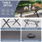 ALAULM Ensemble de Salle à Manger d'Extérieur 7 Pièces avec 2 Chaises Pivotantes et 4 Chaises Fixes, Mobilier de Jardin en Métal avec 6 Chaises et Grande Table avec Trou pour Parasol