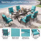 ALAULM Ensemble de Salle à Manger d'Extérieur 7 Pièces avec 2 Chaises Pivotantes et 4 Chaises Fixes, Mobilier de Jardin en Métal avec 6 Chaises et Grande Table avec Trou pour Parasol