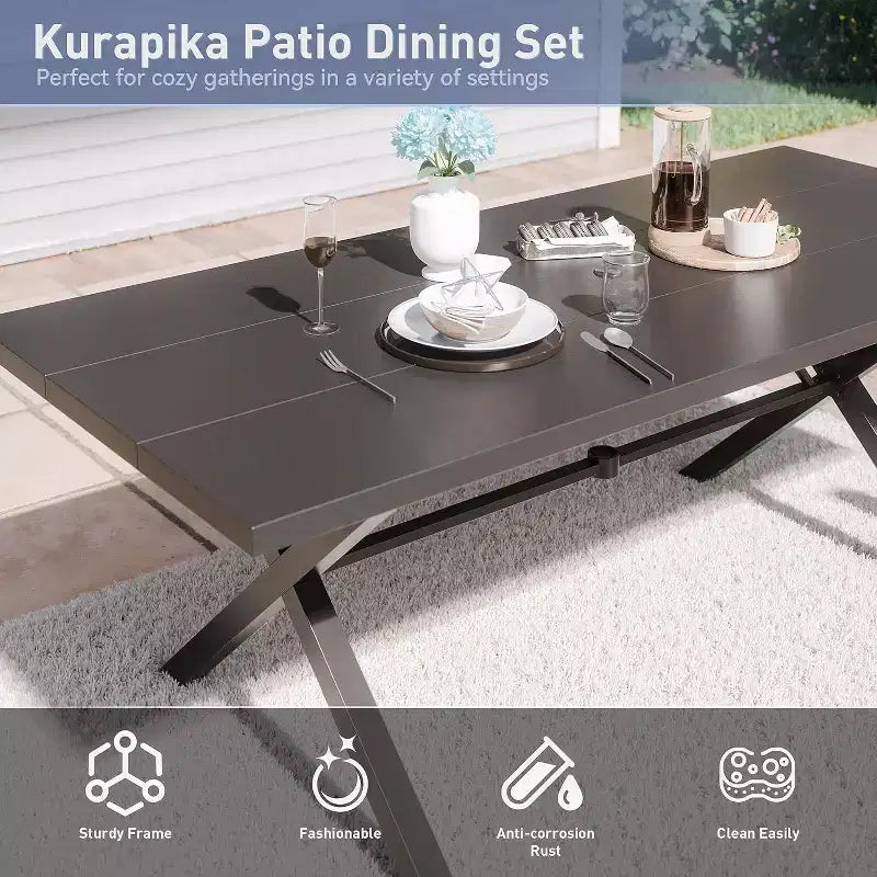 ALAULM Ensemble de Salle à Manger d'Extérieur 7 Pièces avec 2 Chaises Pivotantes et 4 Chaises Fixes, Mobilier de Jardin en Métal avec 6 Chaises et Grande Table avec Trou pour Parasol