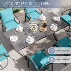ALAULM Ensemble de Salle à Manger d'Extérieur 7 Pièces avec 2 Chaises Pivotantes et 4 Chaises Fixes, Mobilier de Jardin en Métal avec 6 Chaises et Grande Table avec Trou pour Parasol