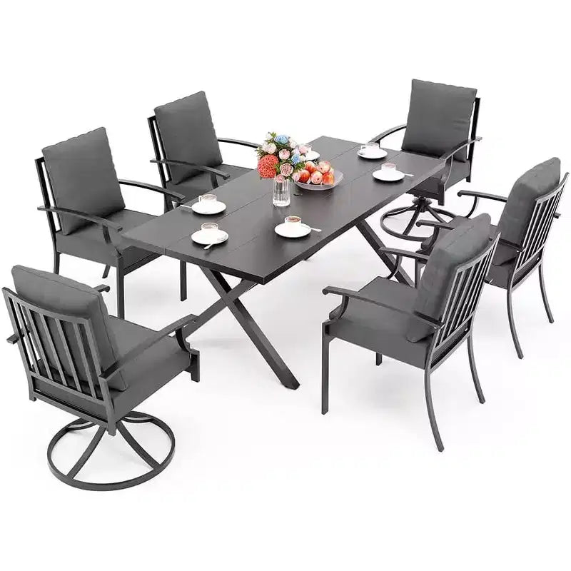 ALAULM Ensemble de Salle à Manger d'Extérieur 7 Pièces avec 2 Chaises Pivotantes et 4 Chaises Fixes, Mobilier de Jardin en Métal avec 6 Chaises et Grande Table avec Trou pour Parasol