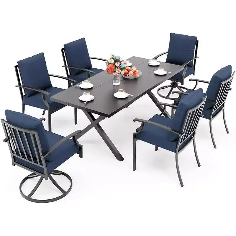 ALAULM Ensemble de Salle à Manger d'Extérieur 7 Pièces avec 2 Chaises Pivotantes et 4 Chaises Fixes, Mobilier de Jardin en Métal avec 6 Chaises et Grande Table avec Trou pour Parasol