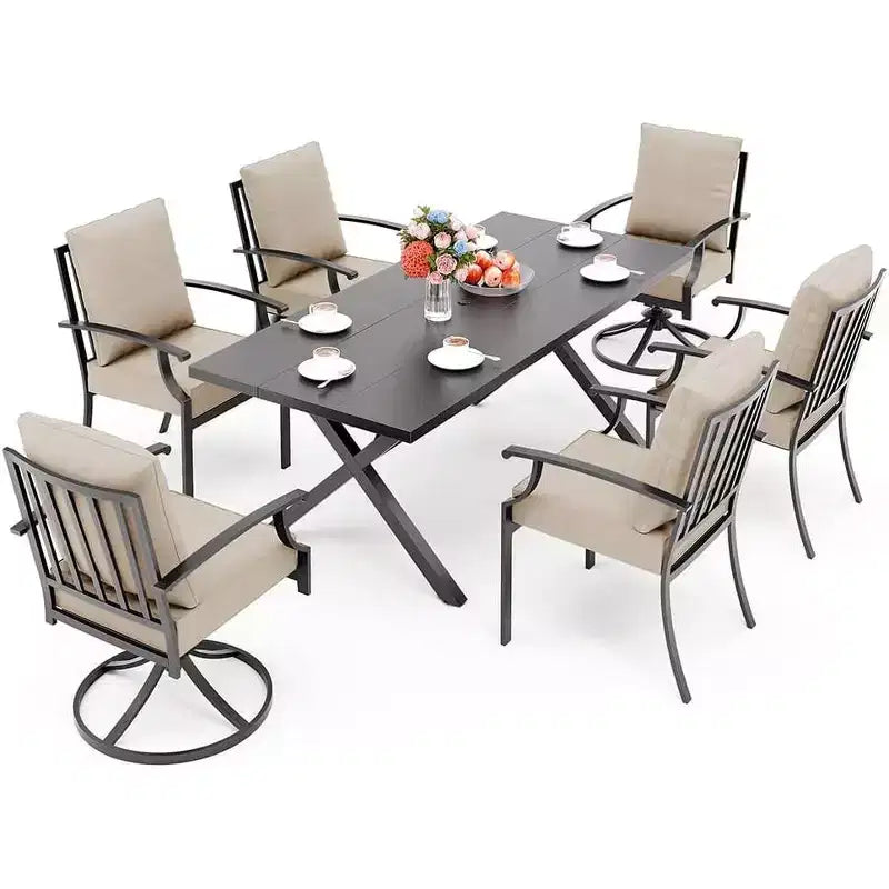 ALAULM Ensemble de Salle à Manger d'Extérieur 7 Pièces avec 2 Chaises Pivotantes et 4 Chaises Fixes, Mobilier de Jardin en Métal avec 6 Chaises et Grande Table avec Trou pour Parasol