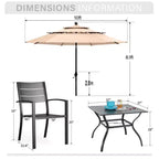 Captiva Designs 6pc Patio Slat-top Dining Steel Table & Metal Chairs with Stripe Back & Market Umbrella