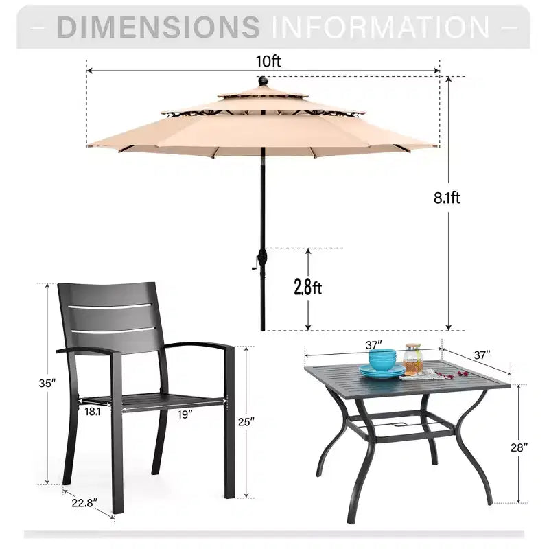 Captiva Designs 6pc Patio Slat-top Dining Steel Table & Metal Chairs with Stripe Back & Market Umbrella