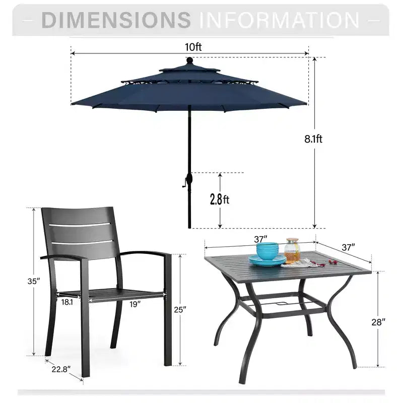 Captiva Designs 6pc Patio Slat-top Dining Steel Table & Metal Chairs with Stripe Back & Market Umbrella