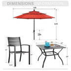 Captiva Designs 6pc Patio Slat-top Dining Steel Table & Metal Chairs with Stripe Back & Market Umbrella