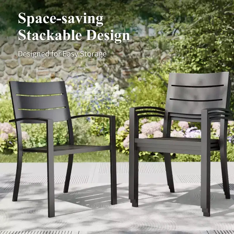 Captiva Designs 6pc Patio Slat-top Dining Steel Table & Metal Chairs with Stripe Back & Market Umbrella