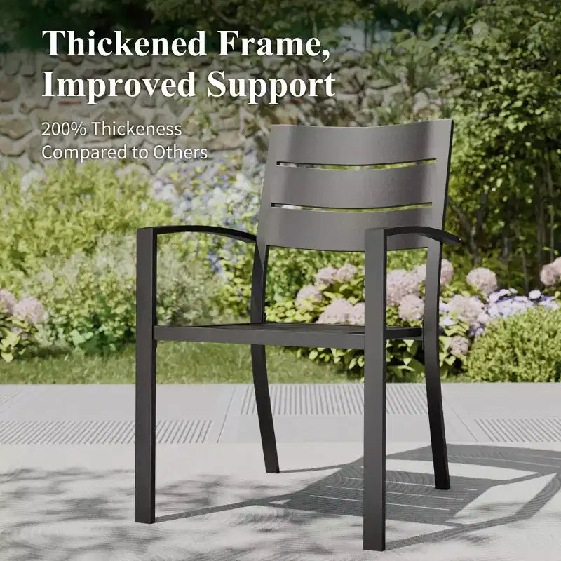 Captiva Designs 6pc Patio Slat-top Dining Steel Table & Metal Chairs with Stripe Back & Market Umbrella