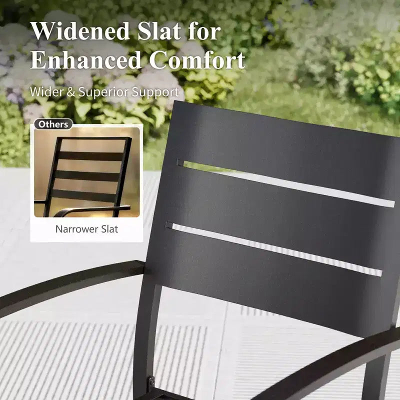 Captiva Designs 6pc Patio Slat-top Dining Steel Table & Metal Chairs with Stripe Back & Market Umbrella