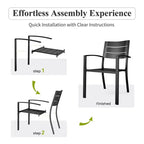 Captiva Designs 6pc Patio Slat-top Dining Steel Table & Metal Chairs with Stripe Back & Market Umbrella