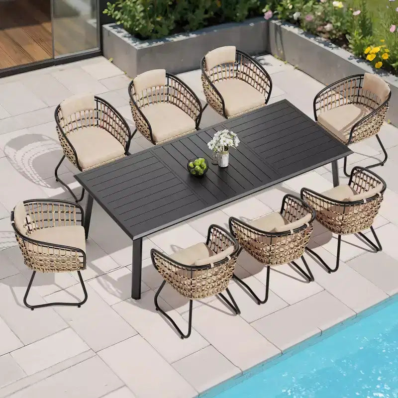 Ensembles de salle à manger Crestlive Products 7/9 pièces avec table en aluminium et fauteuils en rotin avec coussin