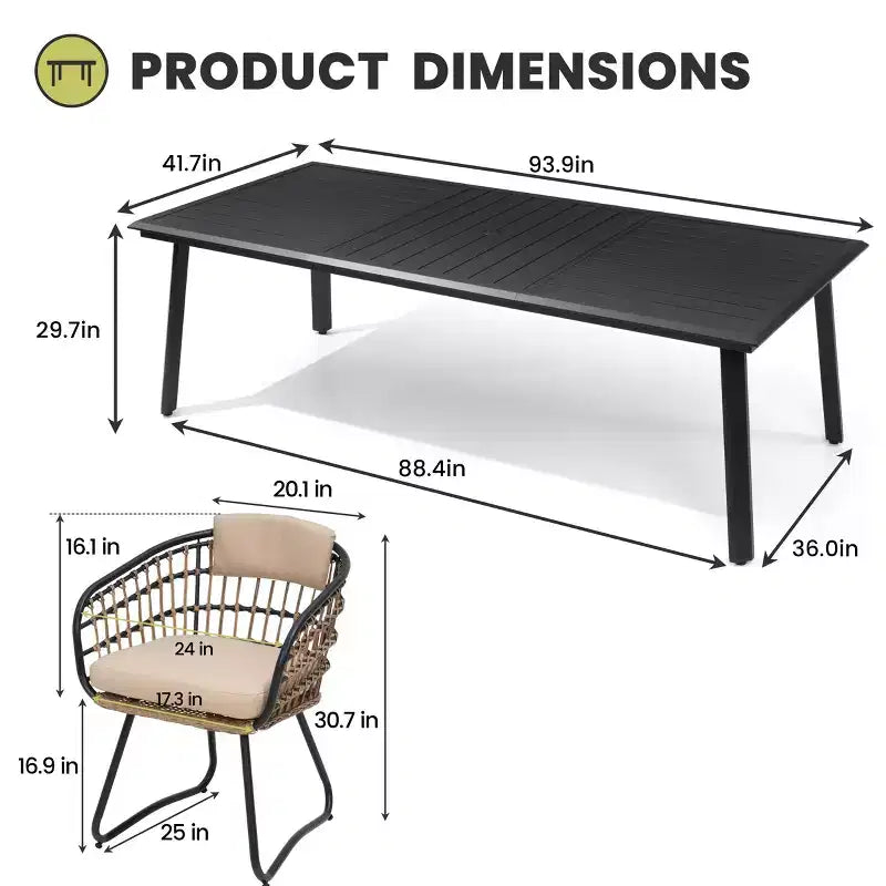 Ensembles de salle à manger Crestlive Products 7/9 pièces avec table en aluminium et fauteuils en rotin avec coussin