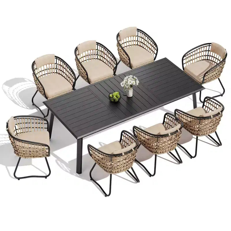 Ensembles de salle à manger Crestlive Products 7/9 pièces avec table en aluminium et fauteuils en rotin avec coussin