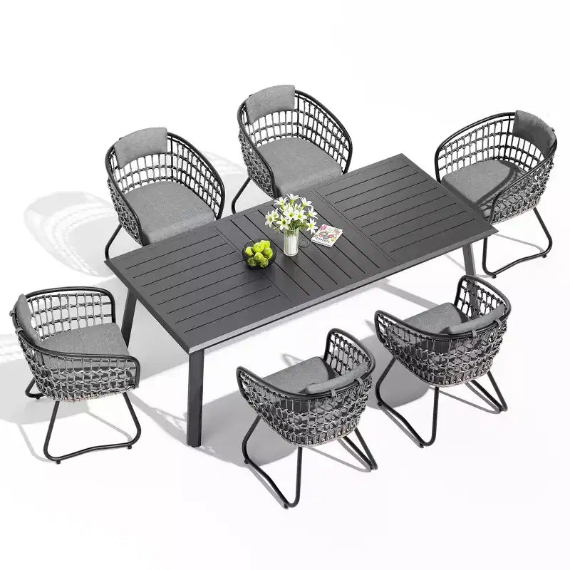 Ensembles de salle à manger Crestlive Products 7/9 pièces avec table en aluminium et fauteuils en rotin avec coussin