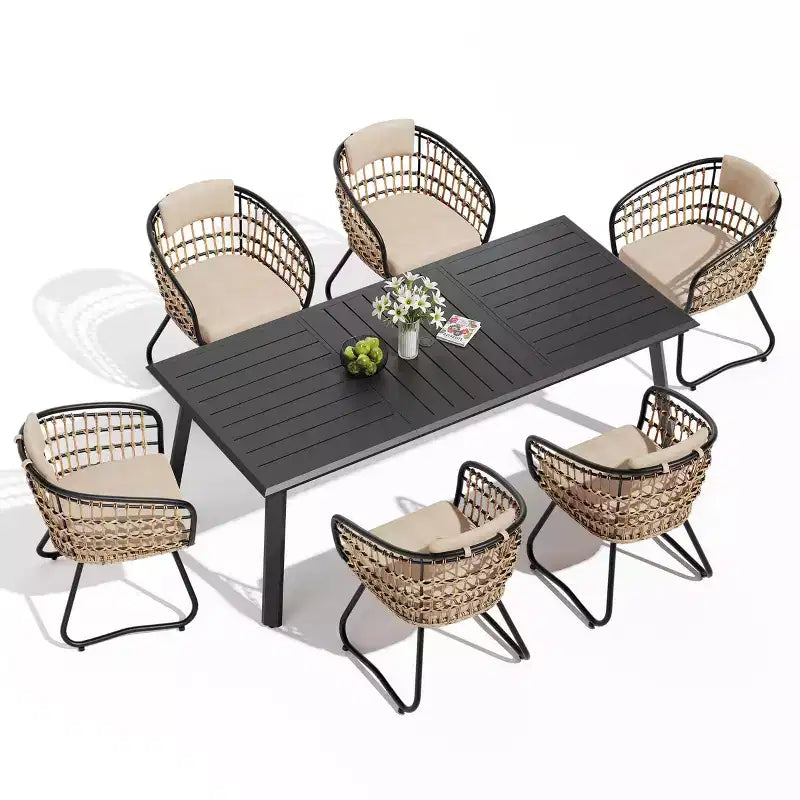 Ensembles de salle à manger Crestlive Products 7/9 pièces avec table en aluminium et fauteuils en rotin avec coussin