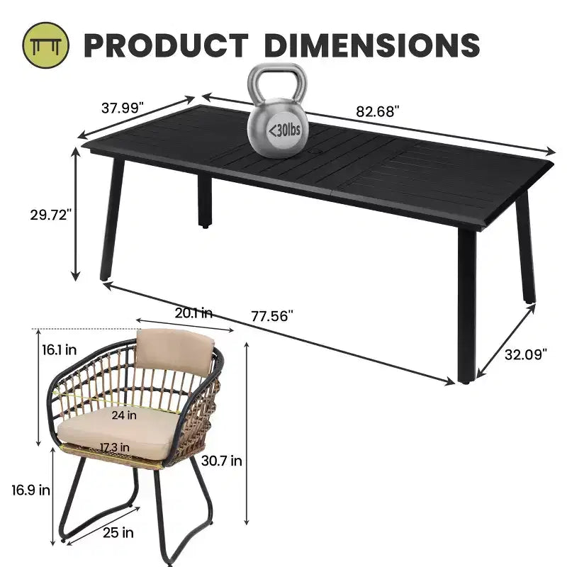 Ensembles de salle à manger Crestlive Products 7/9 pièces avec table en aluminium et fauteuils en rotin avec coussin