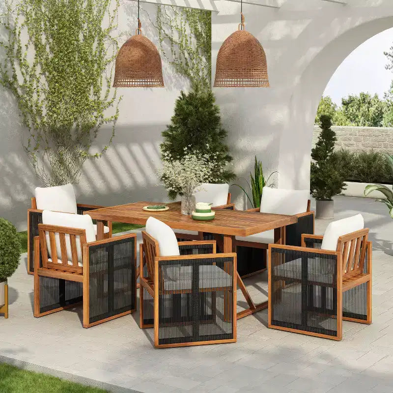 Christopher Knight Home Nori Ensemble de salle à manger extérieur 7 pièces moderne en bois d'acacia avec cordon tissé à la main