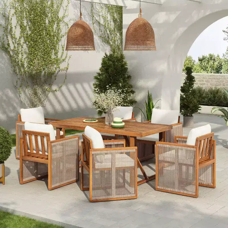 Christopher Knight Home Nori Ensemble de salle à manger extérieur 7 pièces moderne en bois d'acacia avec cordon tissé à la main