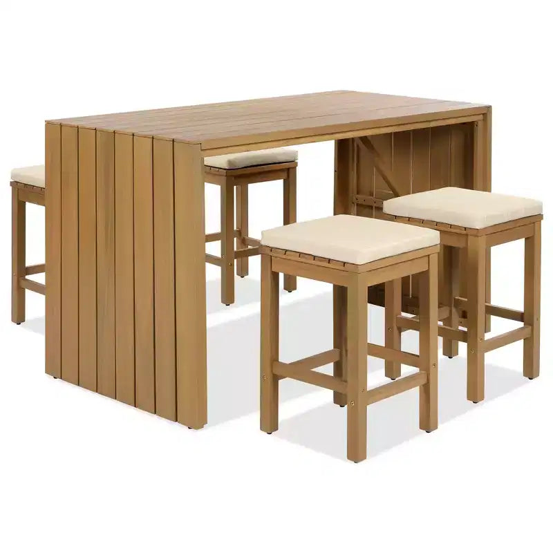 CLIHOME Ensemble de Bar Extérieur 5 Pièces, Table Haute de Bar en Bois d'Acacia pour Patio & Quatre Tabourets avec Coussins, Ensemble de Bar de Salle à Manger en Bois