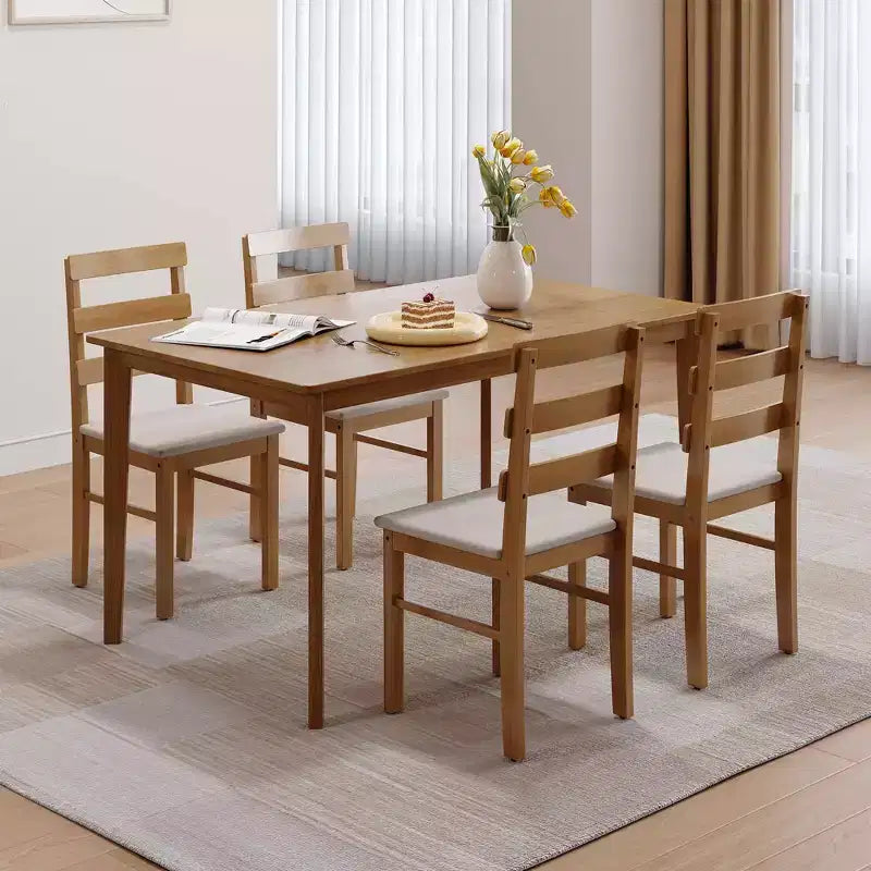 MAYEERTY 5-Piece Solid Wood Dining Table and Chair Set, Original Wood Color Rectangle Table with 4 Back Chairs