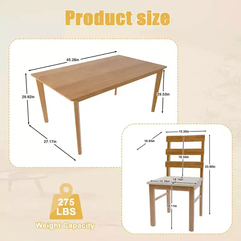 MAYEERTY 5-Piece Solid Wood Dining Table and Chair Set, Original Wood Color Rectangle Table with 4 Back Chairs