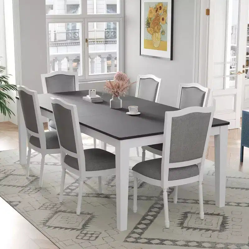 MAYEERTY 7-Piece Rustic Extendable Dining Table Set, 78.1 Table with 18 Leaf & 2 Drawers, 6 Upholstered Chairs, Dark Gray + White