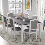 MAYEERTY 7-Piece Rustic Extendable Dining Table Set, 78.1 Table with 18 Leaf & 2 Drawers, 6 Upholstered Chairs, Dark Gray + White