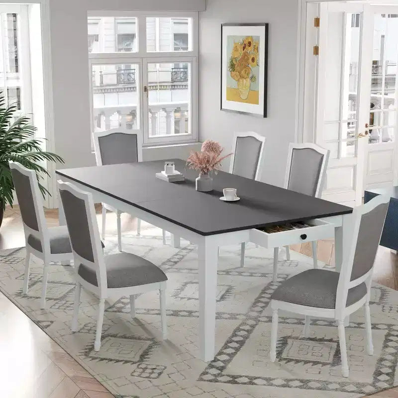 MAYEERTY Ensemble de salle à manger rustique extensible 7 pièces, table de 198,4 cm avec rallonge de 45,7 cm et 2 tiroirs, 6 chaises rembourrées, gris foncé + blanc