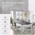 MAYEERTY Ensemble de salle à manger rustique extensible 7 pièces, table de 198,4 cm avec rallonge de 45,7 cm et 2 tiroirs, 6 chaises rembourrées, gris foncé + blanc