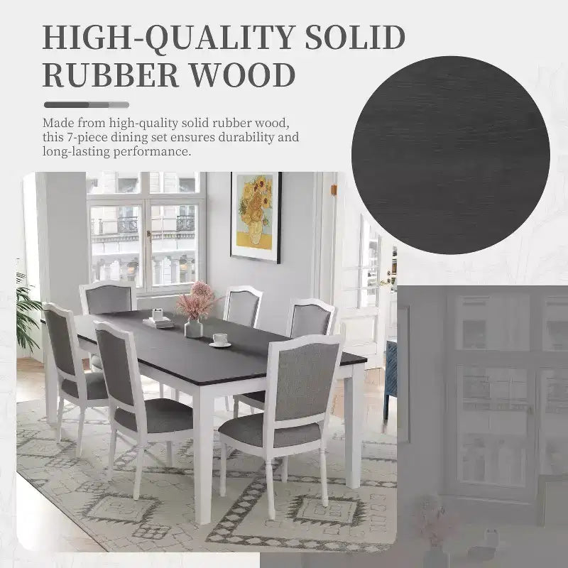 MAYEERTY Ensemble de salle à manger rustique extensible 7 pièces, table de 198,4 cm avec rallonge de 45,7 cm et 2 tiroirs, 6 chaises rembourrées, gris foncé + blanc