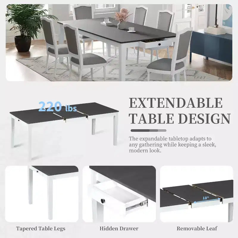 MAYEERTY Ensemble de salle à manger rustique extensible 7 pièces, table de 198,4 cm avec rallonge de 45,7 cm et 2 tiroirs, 6 chaises rembourrées, gris foncé + blanc