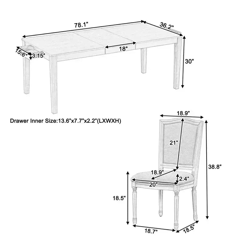 MAYEERTY Ensemble de salle à manger rustique extensible 7 pièces, table de 198,4 cm avec rallonge de 45,7 cm et 2 tiroirs, 6 chaises rembourrées, gris foncé + blanc