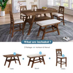 MAYEERTY 6-Piece Wood Counter Height Dining Table Set, Rustic Style with Storage Shelf, Bench & 4 Chairs, Walnut + Beige