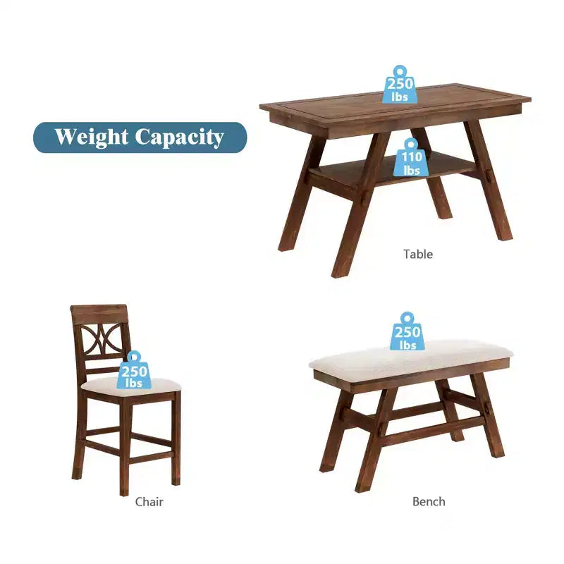 MAYEERTY 6-Piece Wood Counter Height Dining Table Set, Rustic Style with Storage Shelf, Bench & 4 Chairs, Walnut + Beige