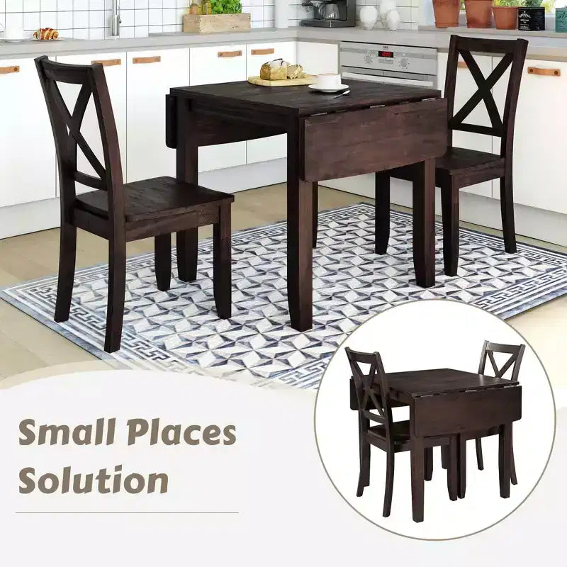 MAYEERTY Ensemble de table à manger 3 pièces en bois avec abattants, 2 chaises à dossier en X, pour petits espaces, espresso