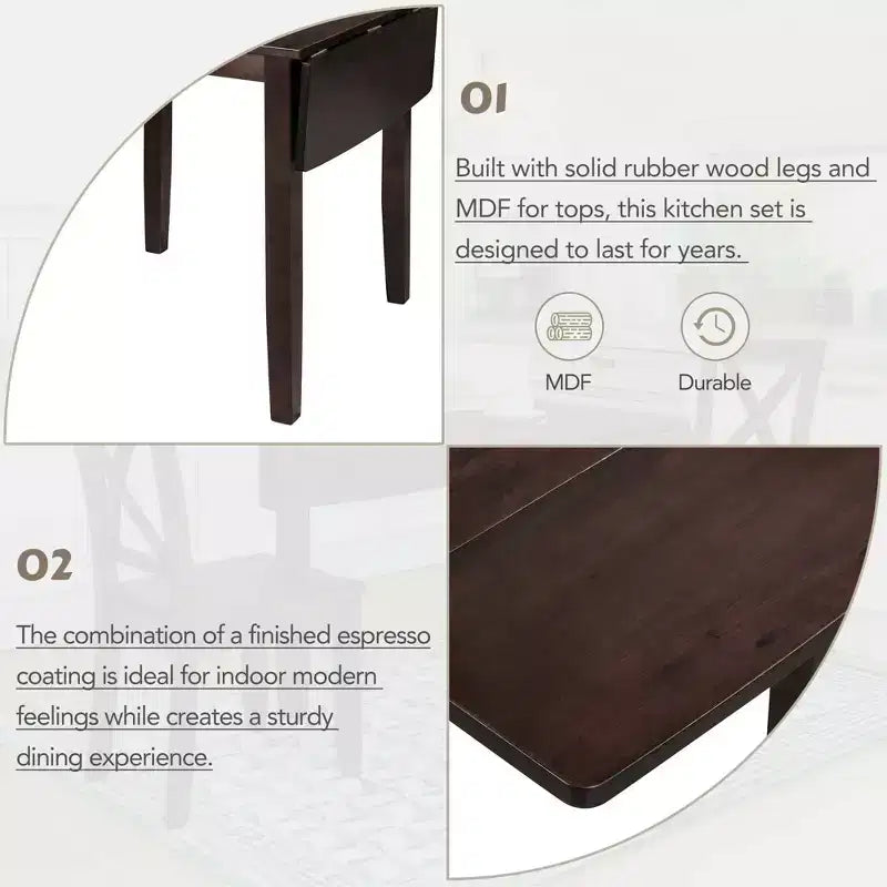 MAYEERTY Ensemble de table à manger 3 pièces en bois avec abattants, 2 chaises à dossier en X, pour petits espaces, espresso
