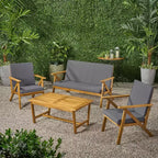 MAYEERTY Ensemble de conversation de patio 4 pièces en bois d'acacia, Coussins gris résistants à l'eau