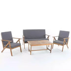 MAYEERTY Ensemble de conversation de patio 4 pièces en bois d'acacia, Coussins gris résistants à l'eau