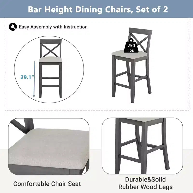 MAYEERTY 48 Ensemble de salle à manger style ferme en bois, hauteur bar, table rectangulaire avec 2 chaises pour petits espaces, gris + beige