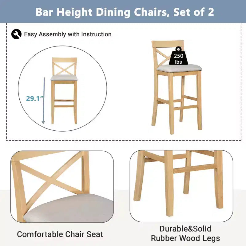 MAYEERTY 48 Ensemble de salle à manger style ferme en bois, hauteur bar, table rectangulaire avec 2 chaises pour petits espaces, gris + beige