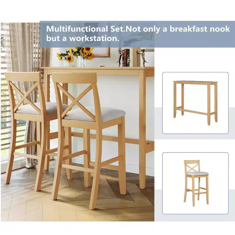 MAYEERTY 48 Ensemble de salle à manger style ferme en bois, hauteur bar, table rectangulaire avec 2 chaises pour petits espaces, gris + beige