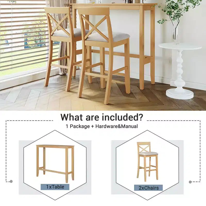 MAYEERTY 48 Ensemble de salle à manger style ferme en bois, hauteur bar, table rectangulaire avec 2 chaises pour petits espaces, gris + beige