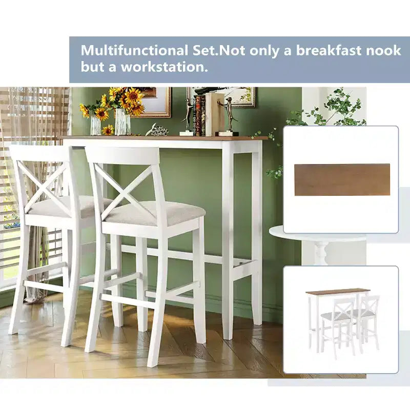 MAYEERTY 48 Ensemble de salle à manger style ferme en bois, hauteur bar, table rectangulaire avec 2 chaises pour petits espaces, gris + beige