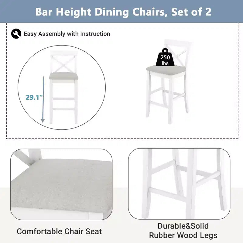 MAYEERTY 48 Ensemble de salle à manger style ferme en bois, hauteur bar, table rectangulaire avec 2 chaises pour petits espaces, gris + beige