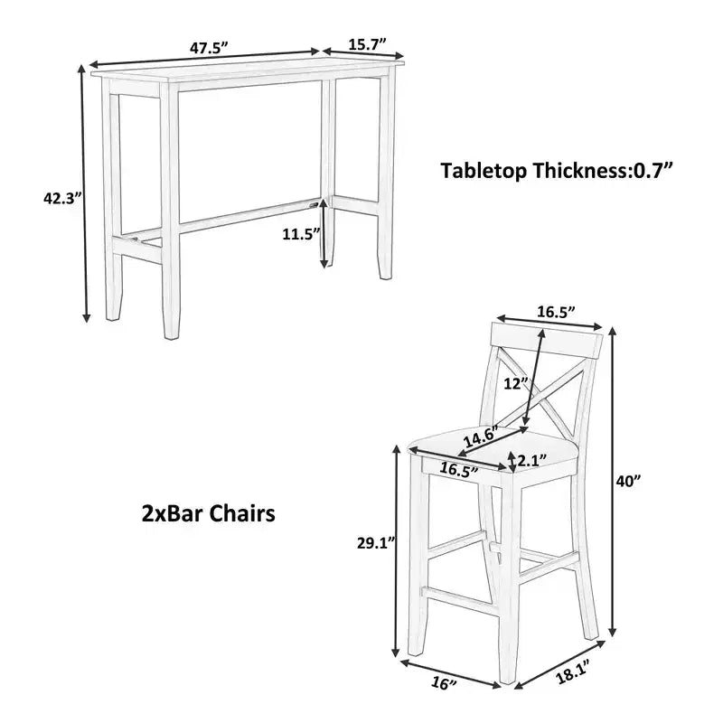 MAYEERTY 48 Ensemble de salle à manger style ferme en bois, hauteur bar, table rectangulaire avec 2 chaises pour petits espaces, gris + beige