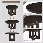 MAYEERTY 5-Piece Farmhouse Extendable Round Dining Table Set, 16 Removable Leaf, 4 Upholstered Chairs for 4 Person, Espresso + Beige