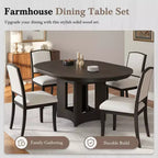 MAYEERTY 5-Piece Farmhouse Extendable Round Dining Table Set, 16 Removable Leaf, 4 Upholstered Chairs for 4 Person, Espresso + Beige